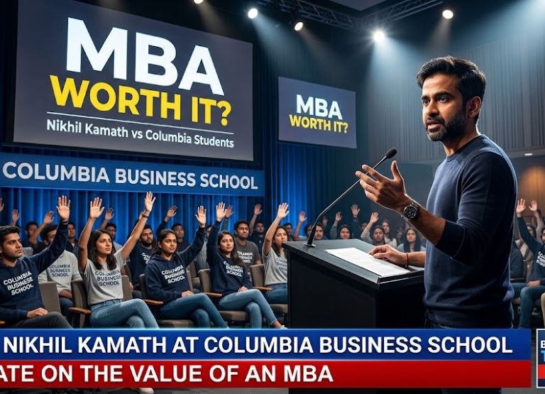 Nikhil Kamath, Columbia Business School, MBA Debate, Zerodha, Business News, Entrepreneurship, MBA Value, Startup News, Education Debate, AI Education, Business Conference, Viral Debate, Billionaire News, Startup vs MBA, Business School Debate